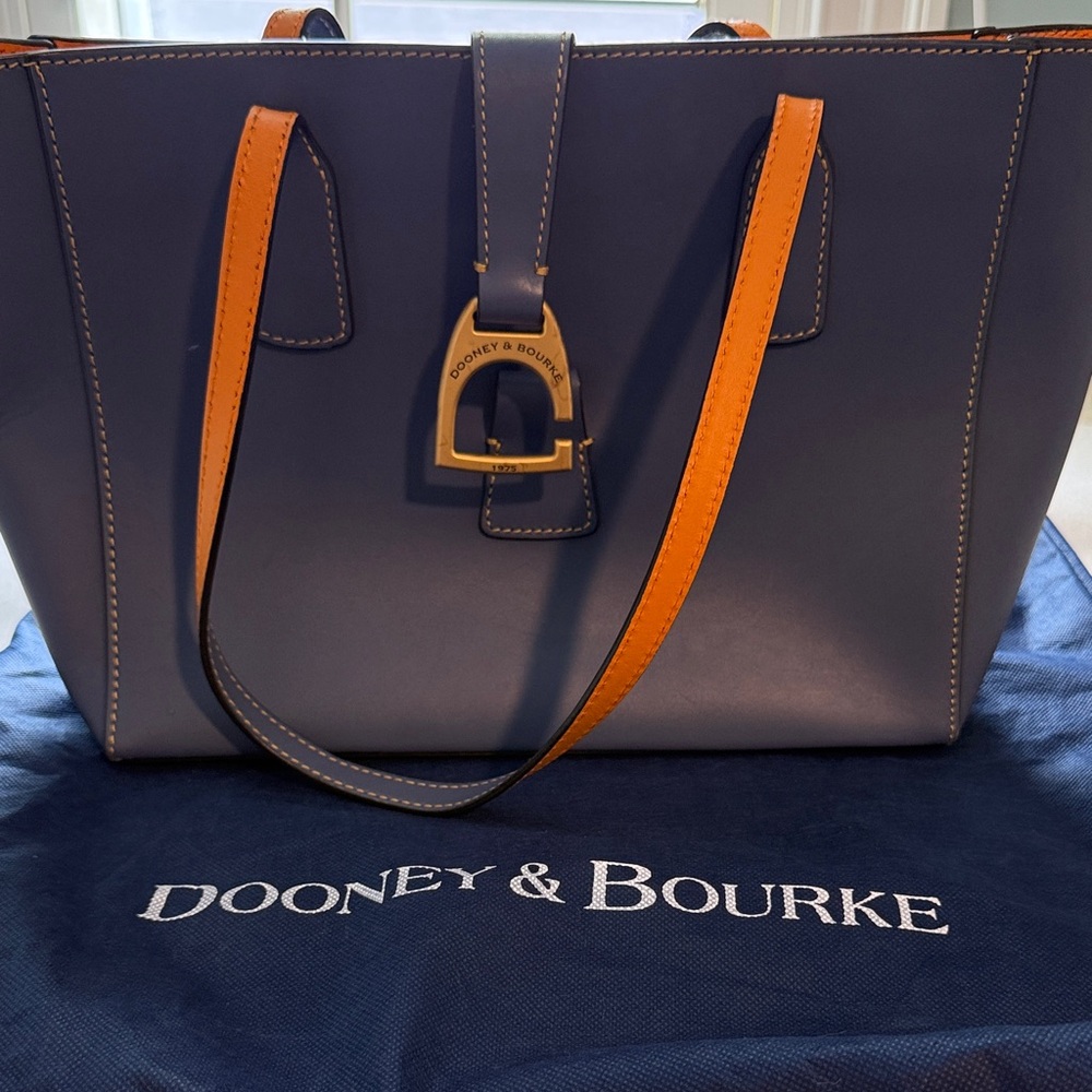 Dooney & Bourke Light Blue Leather Tote with Orange Handles